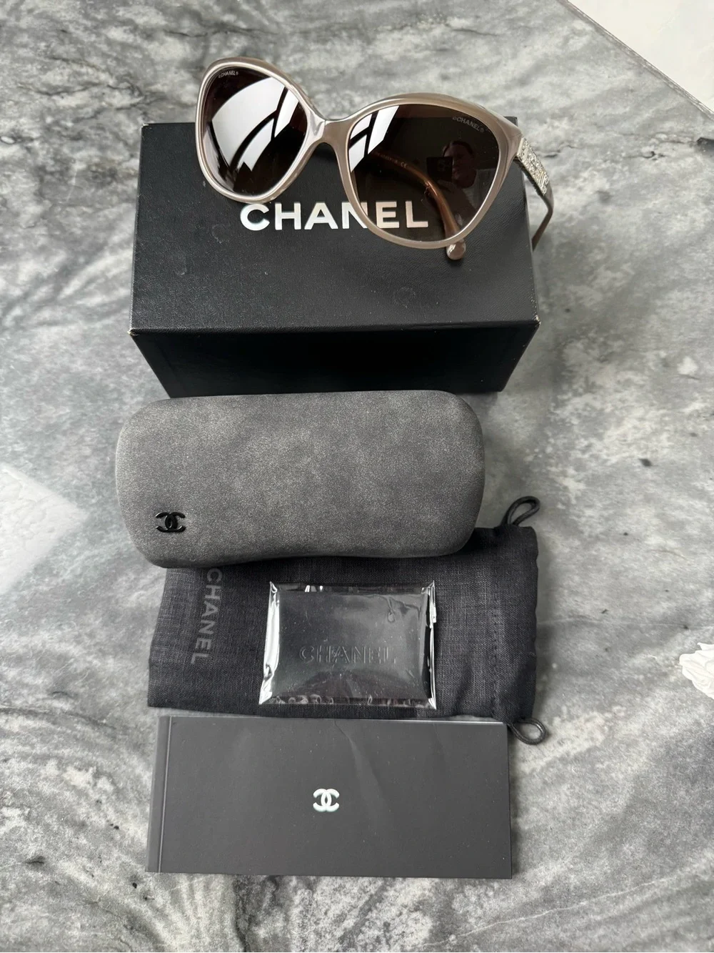CHANEL Taupe Acetate Sunglasses with Crystal-Studded Temples